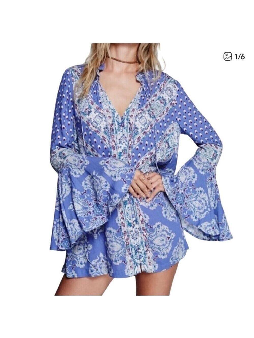 Free people Lagos mystery mixed Blue Patterned bell sleeve tunic dress small